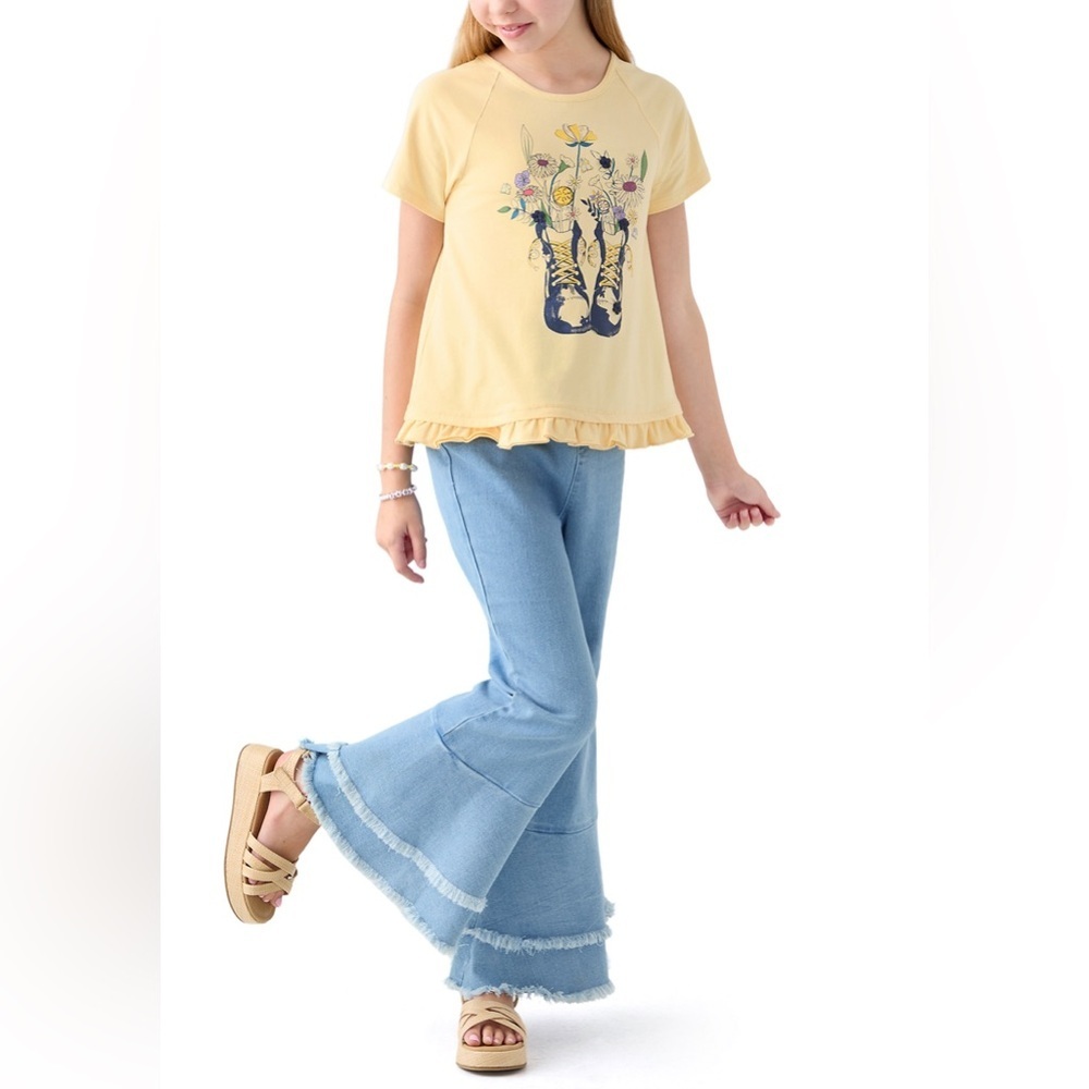 NWT Bonnie Jean Yellow Floral Boots Graphic Ruffle Hem Top, Size 8